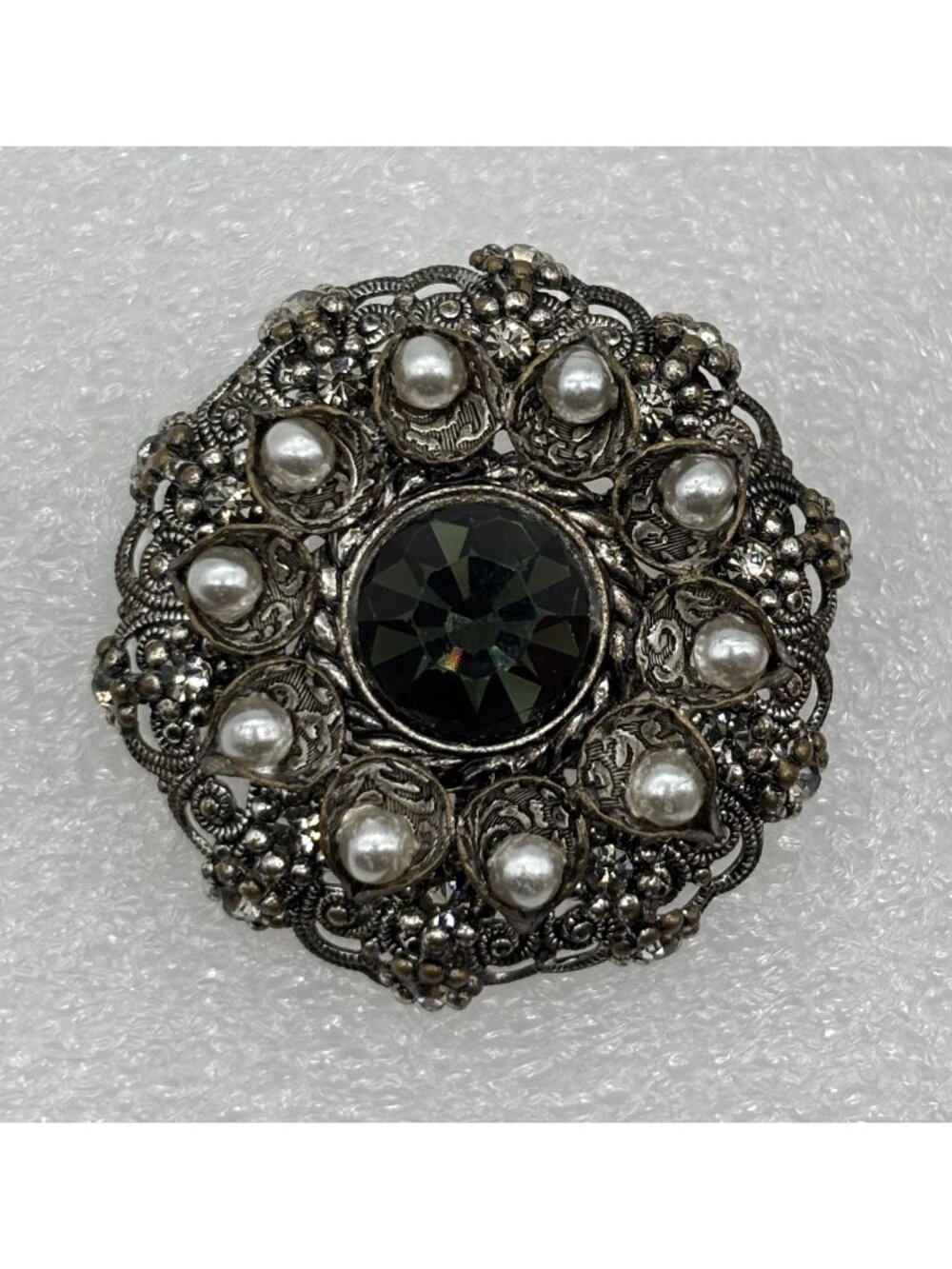 Vintage West Germany High Dome Brooch W/Crystal Faux Pearls Filigree Silver-Tone